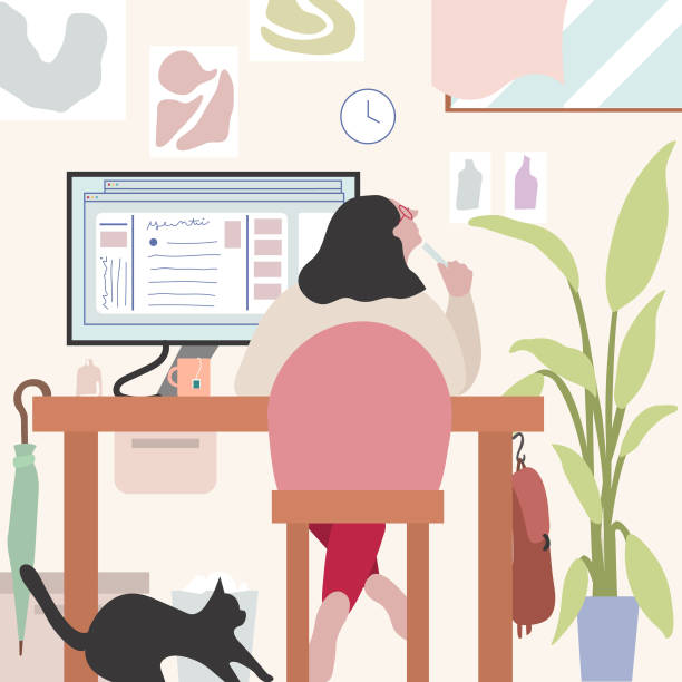 Young creator working at home and relax home office, business, work at home, business at home, designer, illustrator, writer, creator, glasses, cat, ethical life, relax, favorite place sustainable fashion stock illustrations