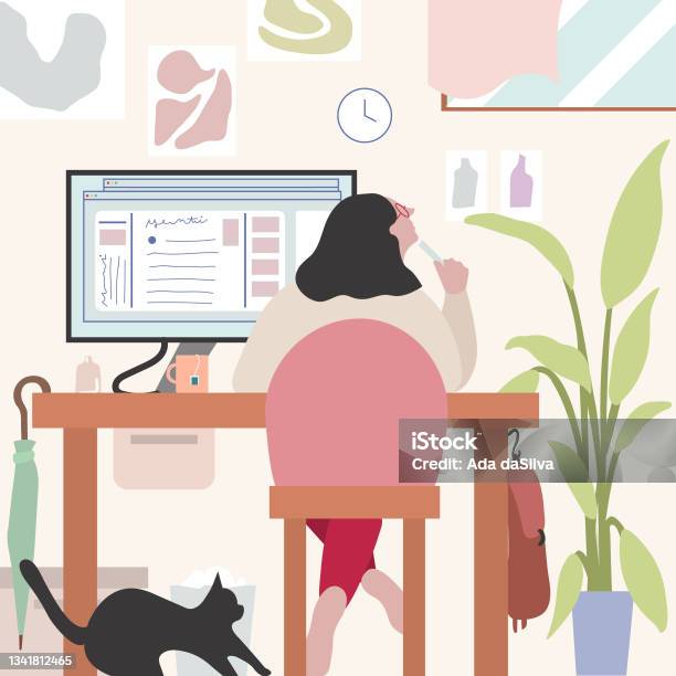Young Creator Working At Home And Relax Stock Illustration - Download Image Now - Desk, People, Contemplation