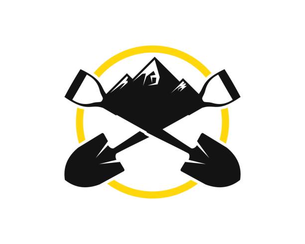ilustraciones, imágenes clip art, dibujos animados e iconos de stock de forma de círculo con pala cruzada y montaña en la parte superior - mountain mountain peak mountain climbing switzerland