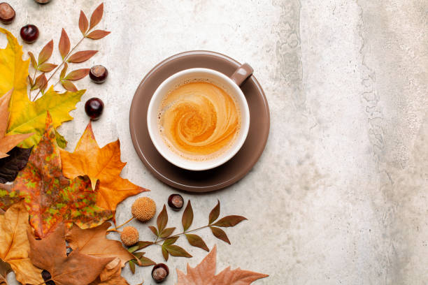 istock Fall hot coffee drink, cafe and bar concept, top view. Autumn composition made of 1341814483