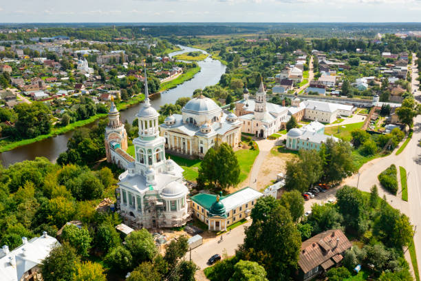 Torzhok city with Borisoglebsky male monastery, Russia View from drone of ancient monastery Novotorzhsky Borisoglebsky Monastery, Torzhok, Russia monastery religion spirituality river stock pictures, royalty-free photos & images