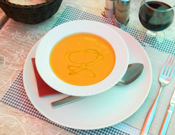 istock Gazpacho in glass spanish tomato based cold vegetable soup served with cucumbers 1341815369
