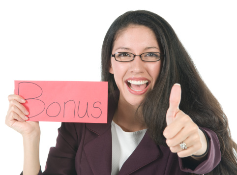 Happy Hispanic employee with an envelope marked 