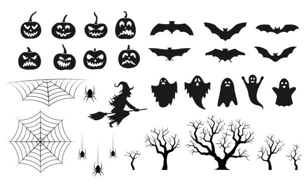 ilustrações, clipart, desenhos animados e ícones de coleção de silhuetas de halloween com ícones de abóbora, morcego, fantasma, aranha, bruxa e árvore assustadora. ilustração vetorial. - bat halloween spider web spooky