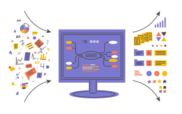 Data analysis vector Illustration with monitor of big computer showing process of sorting information Data analysis, database visualization. Monitor of big computer showing process of sorting information. Input output data, digital mind map. Infographic, charts, graphic analyzing vector illustration flowchart symbols programming stock illustrations