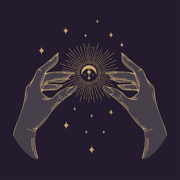 vector illustration in vintage style. womens golden hands hold the sun, the moon. halloween, magic, witchcraft, astrology, mystic. for posters, postcards, banners, printing on fabric, tattoo design - 女巫 插圖 幅插畫檔、美工圖案、卡通及圖標