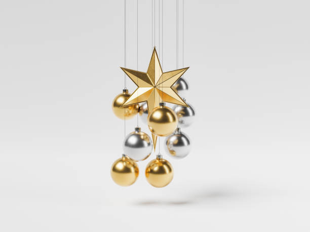 christmas balls hanging with a star on white background. - navidad 個照片及圖片檔