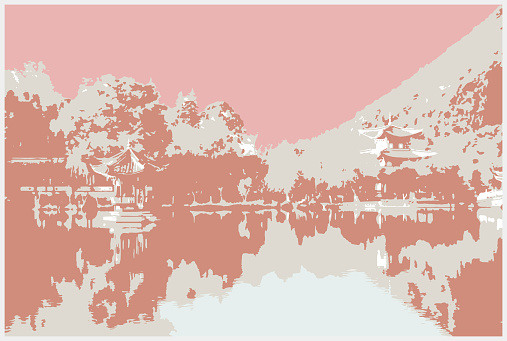 Vector art engraving style painting Chinese classical landscape Illustration,Photographic Effects,Abstract Backgrounds