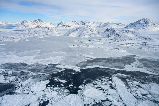 View over fjords between Tasiilaq and Kulusuk Island. It is located in East Greenland.