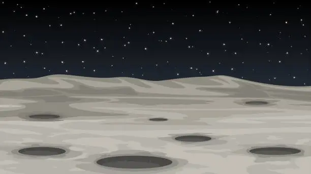 Vector illustration of Moon surface with meteor craters. Alien planet landscape, space vector background.