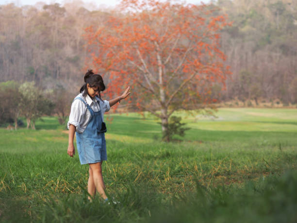 Asian pretty girl wearing casual cloth walking and dancing through a green field, summer outdoor.