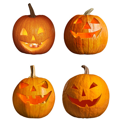 Set of halloween pumpkin head jack lanterns on white background