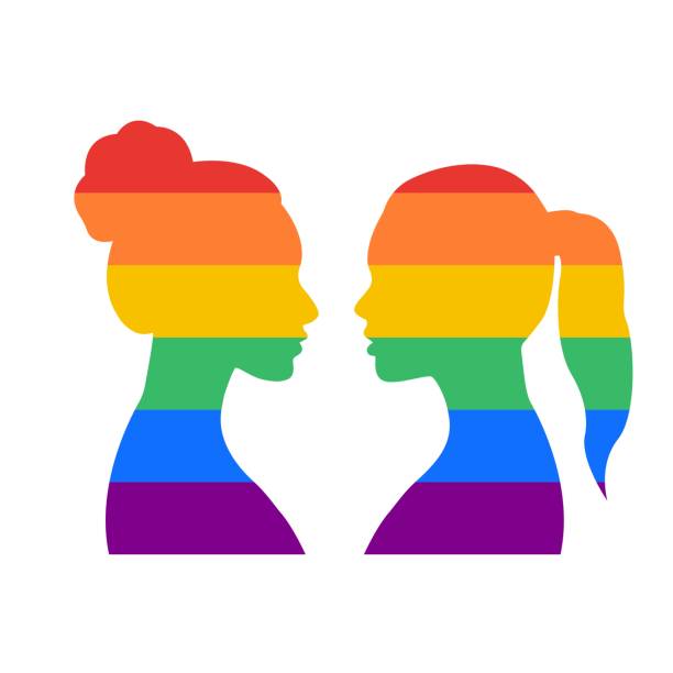 ilustraciones, imágenes clip art, dibujos animados e iconos de stock de cabezas femeninas llenas de bandera lgbt. pareja de lesbianas, cabezas una frente a la otra. personas lgbtq. diseño lgbtq + pride. apoyo a lgbt. derechos de lesbianas, gays, bisexuales y transexuales. ilustración vectorial. - rainbow gay pride homosexual homosexual couple