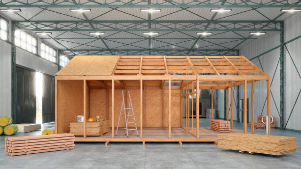 istock Workshop assembly of modular buildings. 3d rendering 1341827916