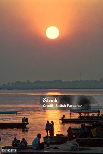 Sunset On River Narmada At Maheshwar Stock Photo - Download Image Now - Narmada River, Color Image, Flag
