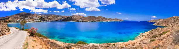Photo of Greece nature scenery. Panorama of beautiful Ios island, view of bay with turquoise sea and Chora village. Cyclades