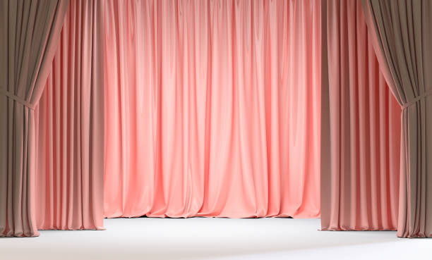 istock pink curtains and white floor. 1341829593