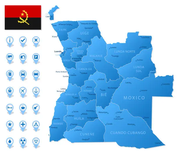 Vector illustration of Blue map of Angola administrative divisions with travel infographic icons.