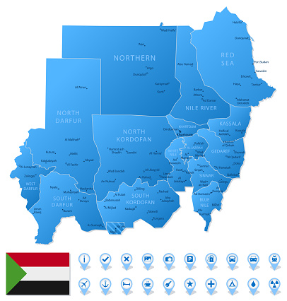 Blue map of Sudan administrative divisions with travel infographic icons. Vector illustration