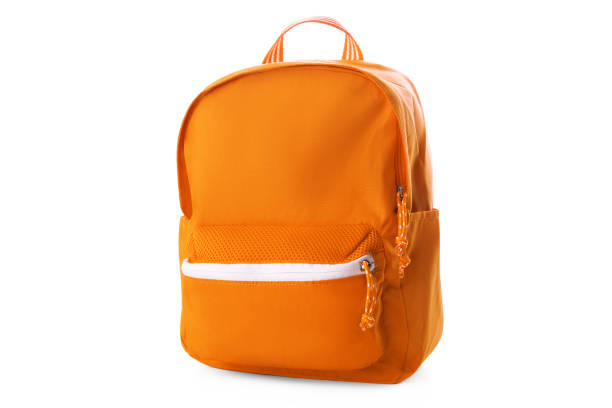 istock Orange school backpack isolated on white backgroun 1341830522