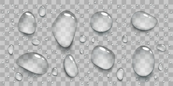 Set of realistic transparent water drops. Template isolated on a transparent background. Vector illustration