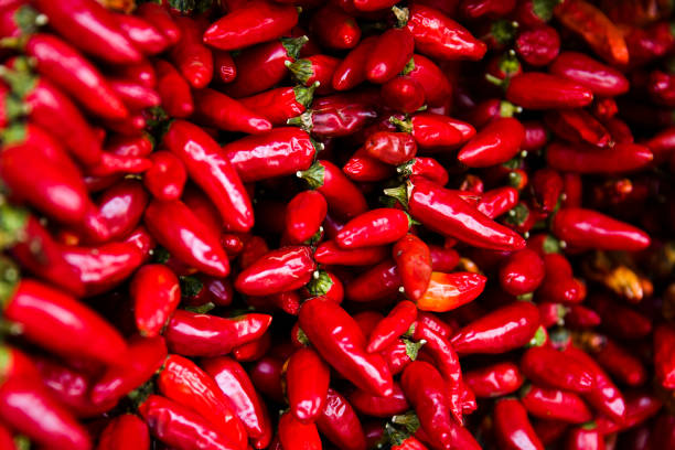 istock Red chilli peppers on the market 1341832108