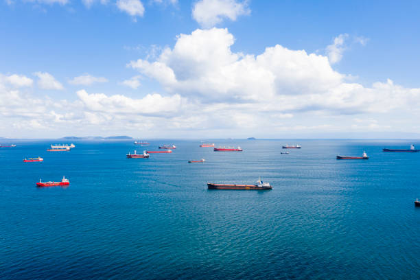 istock Bosphorus cargo ships. Aerial view of freight ship with cargo containers. 1341832146
