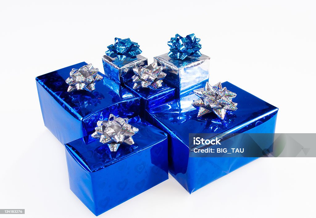 Blue shiny boxes for gifts with ribbons Blue Stock Photo