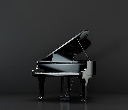 Music instriument, black grand piano in a dark studio, nobody, 3d rendering