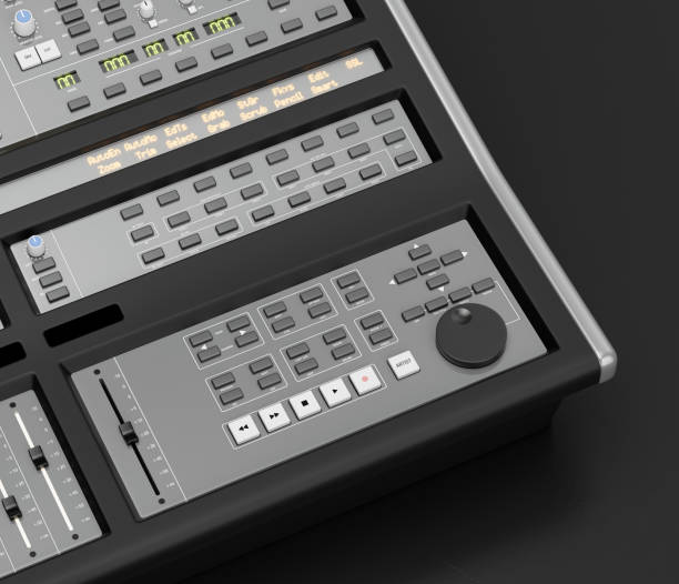 istock Music instriument, audio sound mixer, synthesizer in a dark studio, 3d rendering 1341834810