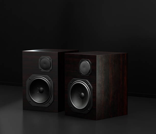 istock Music instriument, professional speakers on the floor in a dark studio, 3d rendering 1341834831