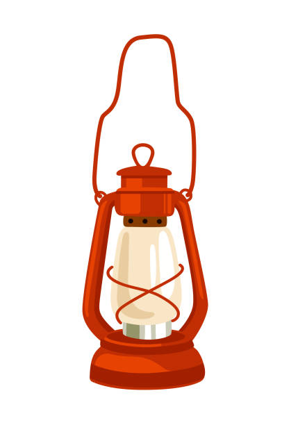 Red kerosene lamp for garden, camping, hike, forest walk. Decorative retro vintage lantern. Vector cartoon hand-drawn isolated illustration. kerosene fuel stock illustrations