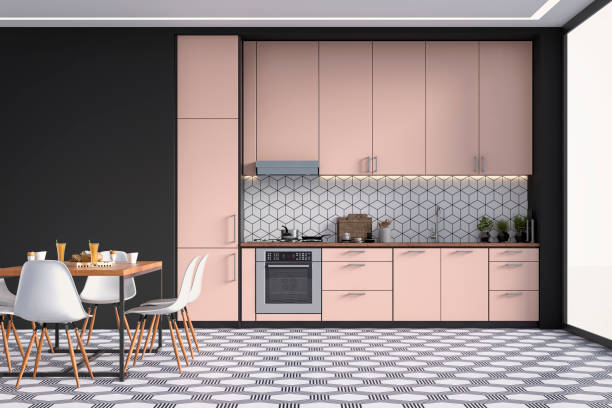 istock Modern kitchen and dining room on retro tiled floor 1341835369