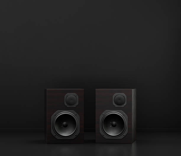 istock Music instriument, professional speakers on the floor in a dark studio, 3d rendering 1341836019