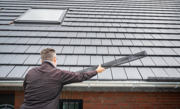 Man puts a gutter mesh to the rain gutter to protect the gutter from leaves. stock photo
