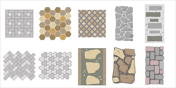 Set of top view vector street pavements or park sidewalk road pattern street tile. Floor tiles with rock, brick and cobble stone texture. Mosaic ground tiles. Stone floor architecture material block