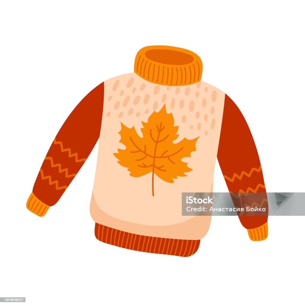 Cute knitted sweater with maple leaf. Cozy pullover, jersey, warm clothes. Hand drawn flat cartoon vector isolated illustration. Cardigan Sweater stock vector Cute knitted sweater with maple leaf. Cozy pullover, jersey, warm clothes. Hand drawn flat cartoon vector isolated illustration. Cardigan Sweater stock vector