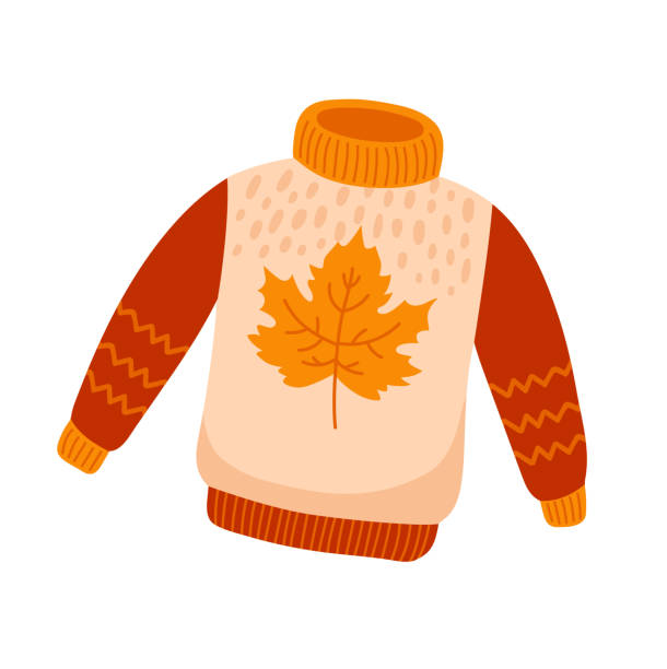 Cute knitted sweater with maple leaf. Cozy pullover, jersey, warm clothes. Hand drawn flat cartoon vector isolated illustration. cardigan sweater stock illustrations