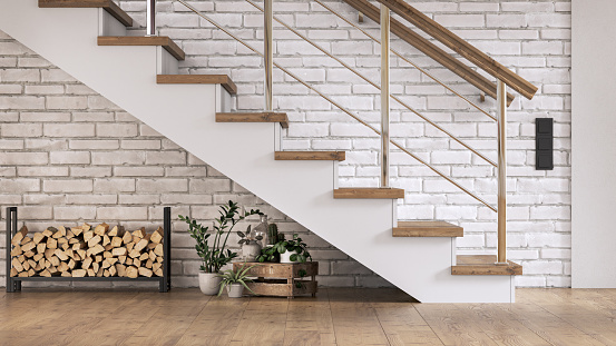 3D render of a stair in modern interior with wooden floor and brick walls. 3d illustration
