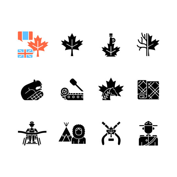 ilustrações, clipart, desenhos animados e ícones de símbolos canadenses ícones glifos pretos definidos no espaço branco - canadian culture illustrations