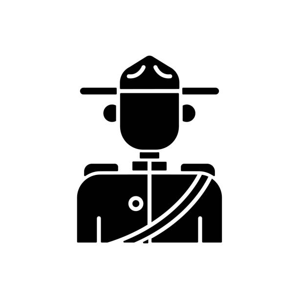 Royal canadian mounted police black glyph icon Royal canadian mounted police black glyph icon. Mounties. Rider traditional scarlet uniform. Federal police service. Horse rider officer. Symbol of Canada. Vector isolated illustration rcmp stock illustrations