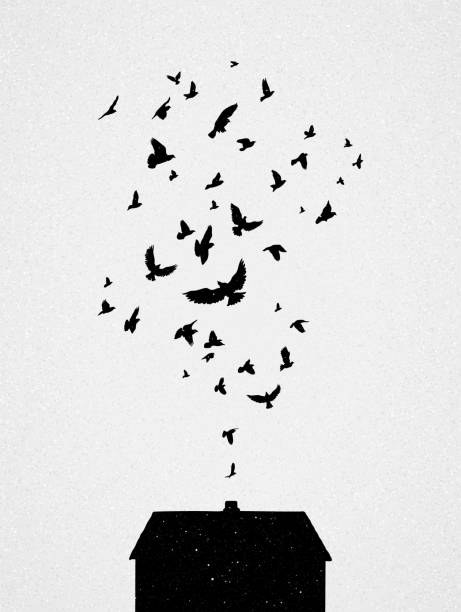 House silhouette Flock of birds flies up. Abstract chimney smoke dead bird stock illustrations