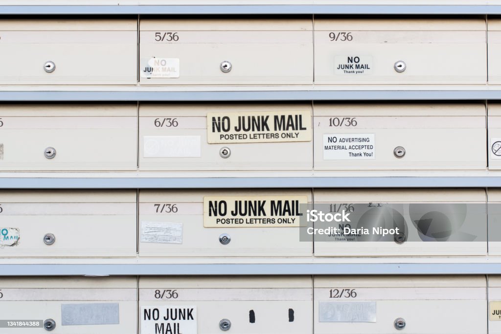No Junk mail sign on letter boxes . Direct mailers opt out. How to stop junk mail catalogs No Junk mail sign on letter boxes . Direct mailers opt out. How to stop junk mail catalogs catalogue Advertisement Stock Photo