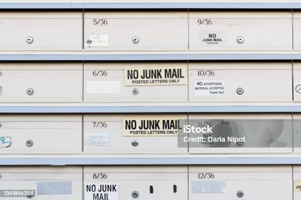 No Junk Mail Sign On Letter Boxes Direct Mailers Opt Out How To Stop Junk Mail Catalogs Stock Photo - Download Image Now