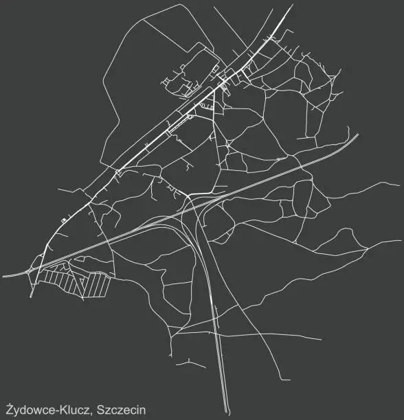 Vector illustration of Dark negative street roads map of the Żydowce-Klucz neighborhood of Szczecin, Poland