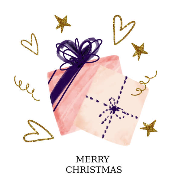 ilustrações de stock, clip art, desenhos animados e ícones de gifts illustration in a watercolor style with hearts and stars in a golden texture. merry christmas - gift box packaging drawing illustration and painting