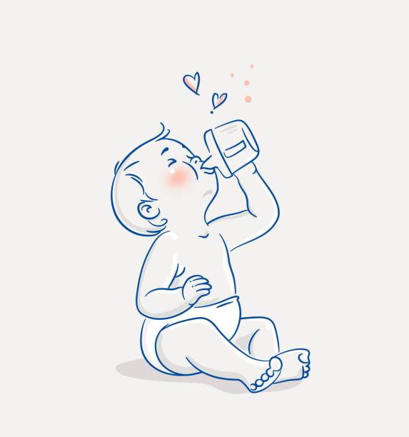 귀여운 아기 소년 바닥에 앉아 컵에서 물을 마시는. - baby cup stock illustrations