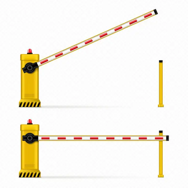 Vector illustration of Vector realistic open and closed car barrier. Barricade, road block for parking entrance.