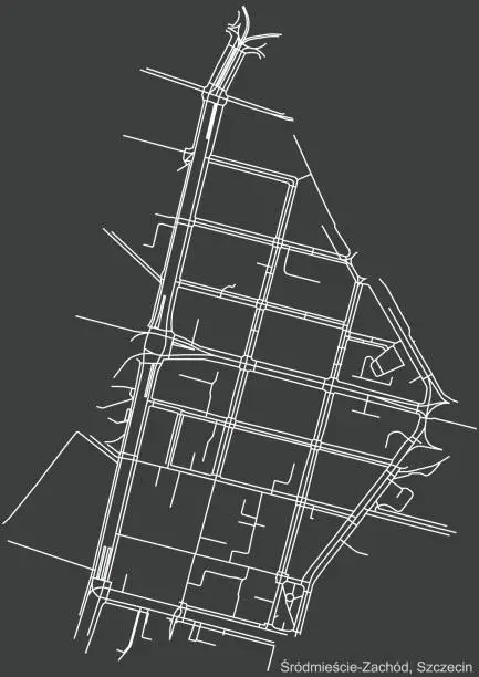 Vector illustration of Dark negative street roads map of the Śródmieście-Zachód neighborhood of Szczecin, Poland