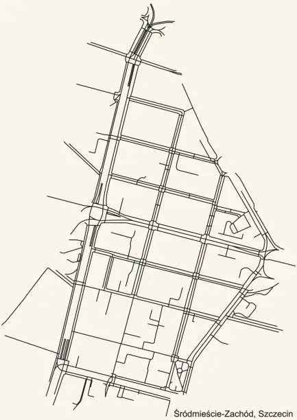 Vector illustration of Street roads map of the Śródmieście-Zachód neighborhood of Szczecin, Poland